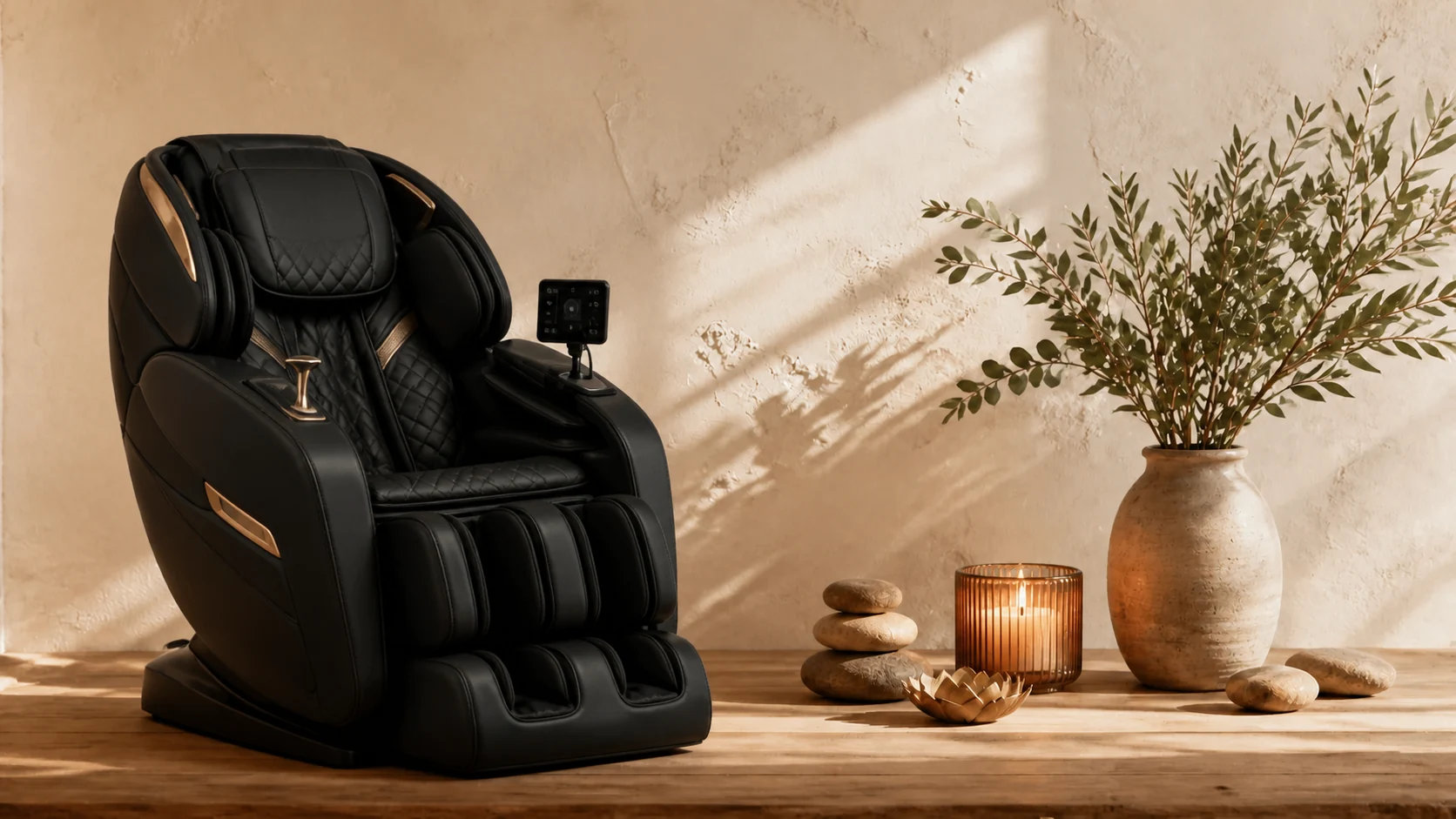 A black deluxe Osaki massage chair in a peaceful wellness setting