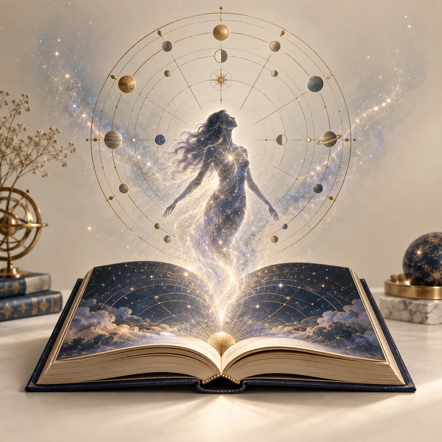 An open celestial storybook with a luminous figure rising from its pages