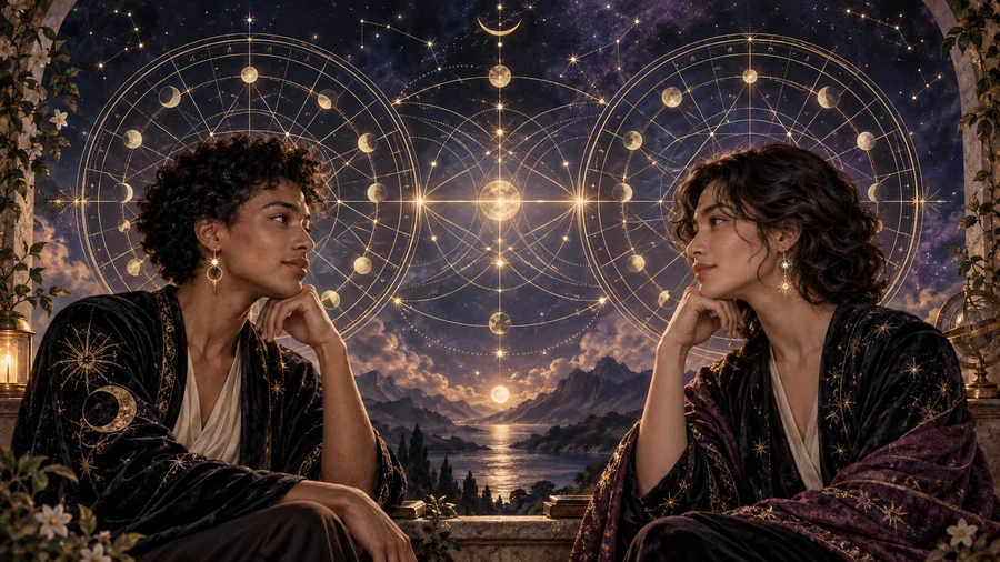 Two connected astrological charts for a relationship reading